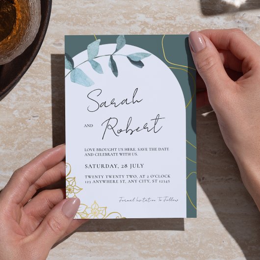 Save The Date Elégant Aquarelle Chic Eucalyptus & Or Accents