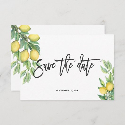 Save The Date Elégant Aquarelle Citron Mariage tropical (Devant / Derrière)