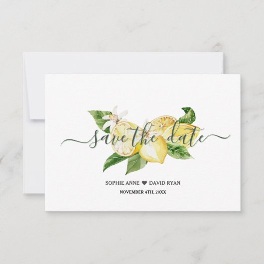Save The Date Élégant Aquarelle Citron Mariage Tropical Script (Devant)
