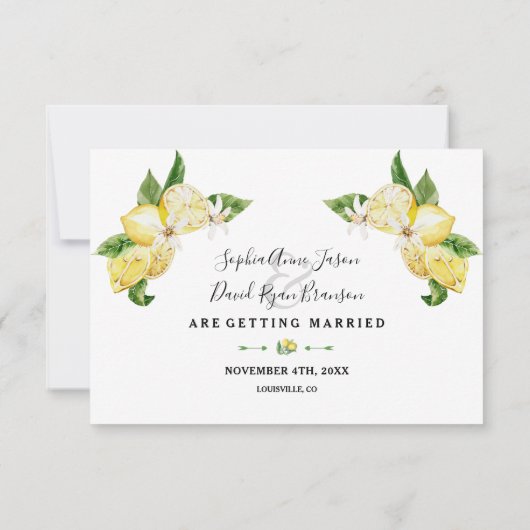 Save The Date Élégant Aquarelle Citron Mariage Tropical Script (Dos)