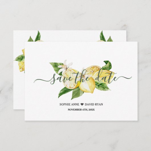 Save The Date Élégant Aquarelle Citron Mariage Tropical Script (Devant / Derrière)