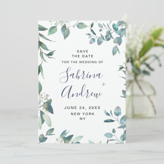 Save The Date Elégant Aquarelle Eucalyptus Mariage Floral (Debout devant)