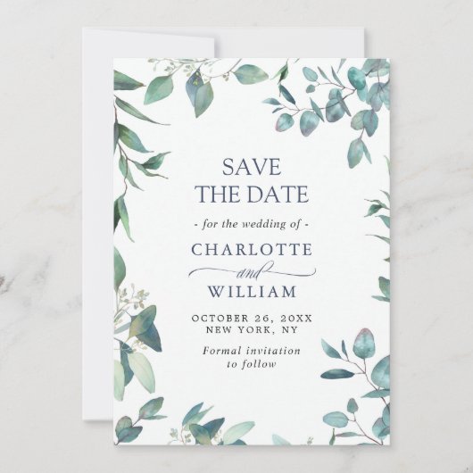 Save The Date Elégant Aquarelle Eucalyptus Mariage Floral (Devant)