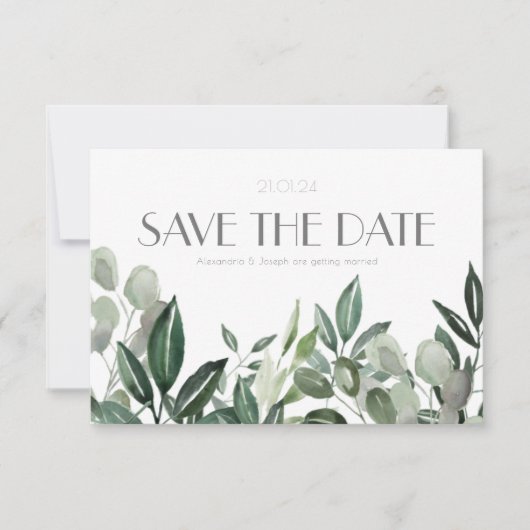 Save The Date Elégant aquarelle feuille botanique chasseur vert (Devant)