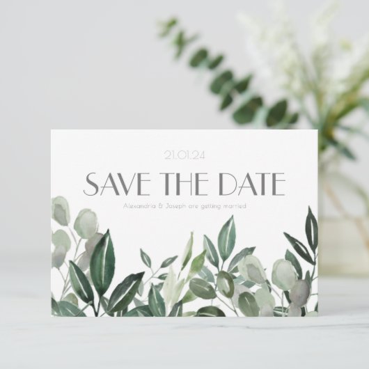 Save The Date Elégant aquarelle feuille botanique chasseur vert  (Debout devant)