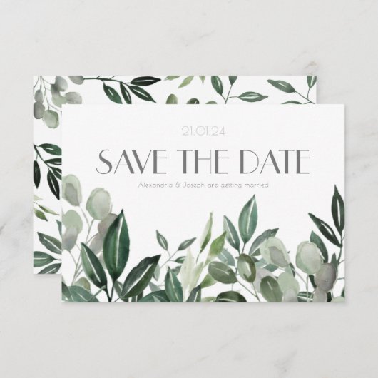 Save The Date Elégant aquarelle feuille botanique chasseur vert  (Devant / Derrière)