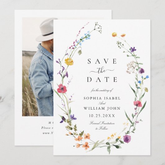 Save The Date Elégant Aquarelle Fleurs sauvages Mariage (Devant / Derrière)