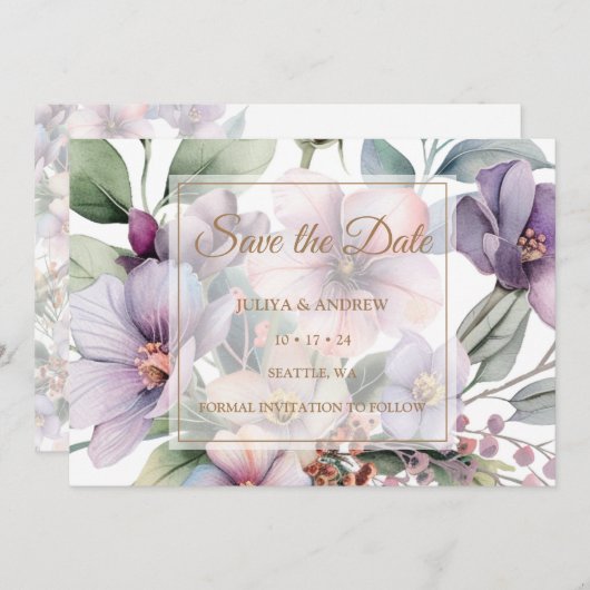 Save The Date Elégant Aquarelle mariage or fleuri (Devant / Derrière)