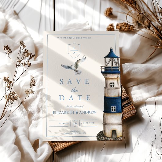 Save The Date Elégant aquarelle Mariage phare nautique