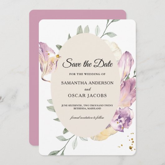 Save The Date Elégant aquarelle Pansy Floral Oval (Devant / Derrière)