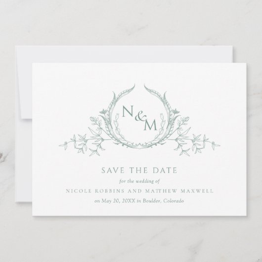 Save The Date Élégant aquarelle vert pâle Monogramme (Devant)