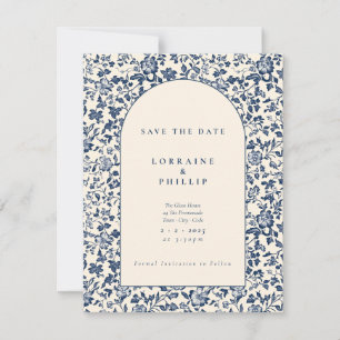 Save The Date Elégant arc fleuri bleu et crème style vintage