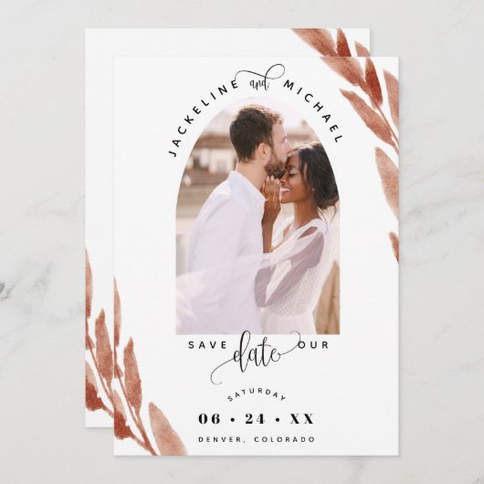 Save The Date Élégant Arc photo et Mariage Feuille en terre cuit (Devant / Derrière)