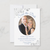 Save The Date Elégant argent et bleu sur Mariage photo blanc (Devant)