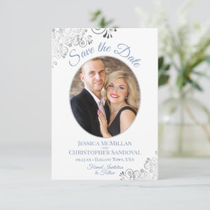 Save The Date Elégant argent et bleu sur Mariage photo blanc