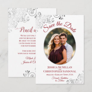Save The Date Élégant Argent et Rouge sur Photo de Mariage Ovale