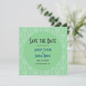 Save The Date Elégant Art Déco Vert Damas Formel Mariage Rond (Debout devant)