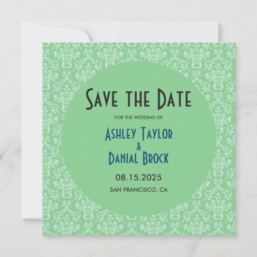 Save The Date Elégant Art Déco Vert Damas Formel Mariage Rond (Devant)
