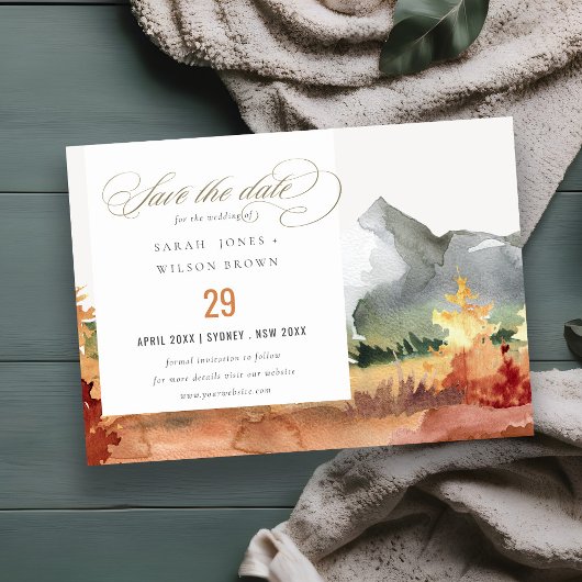 Save The Date Elégant automne rouille Orange Mountain Trees Mari