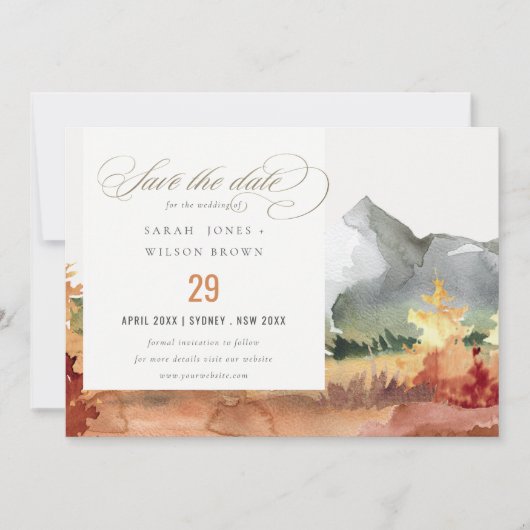 Save The Date Elégant automne rouille Orange Mountain Trees Mari (Devant)