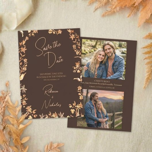 Save The Date Elegant Autumn Copper Wildflowers Script 2 Photo