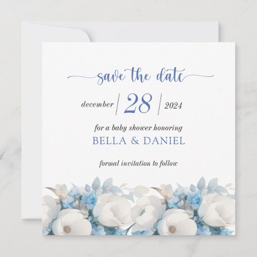 Save The Date Elégant Baby shower Floral bleu Dusty (Dos)