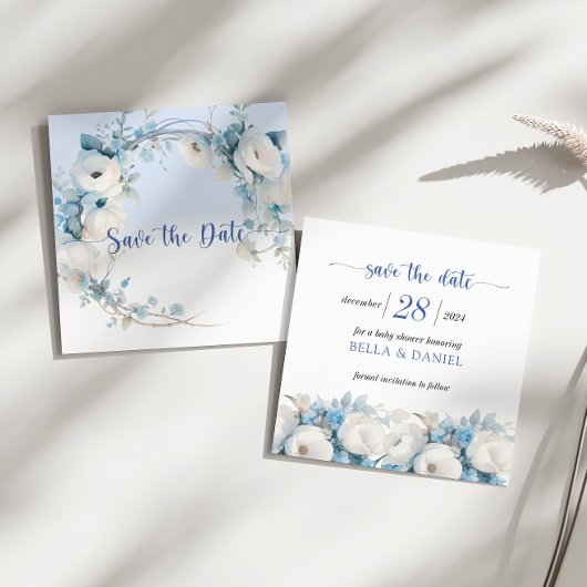 Save The Date Elégant Baby shower Floral bleu Dusty