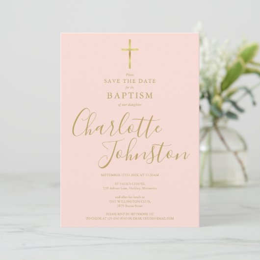 Save The Date Élégant Baptême Christening Gold Script Blush Rose (Debout devant)