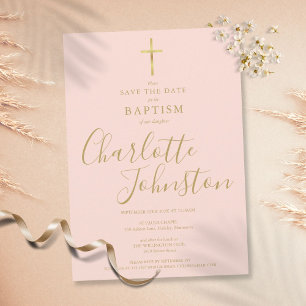 Save The Date Élégant Baptême Christening Gold Script Blush Rose
