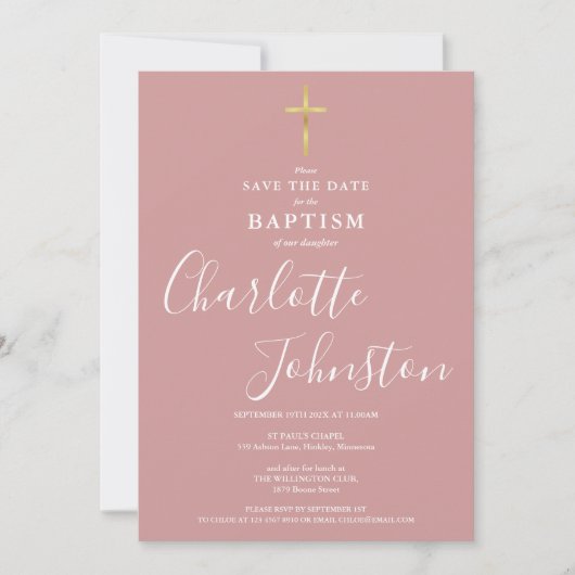 Save The Date Elegant Baptism Christening Dusty Rose Pink (Devant)