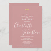 Save The Date Elegant Baptism Christening Dusty Rose Pink (Devant / Derrière)