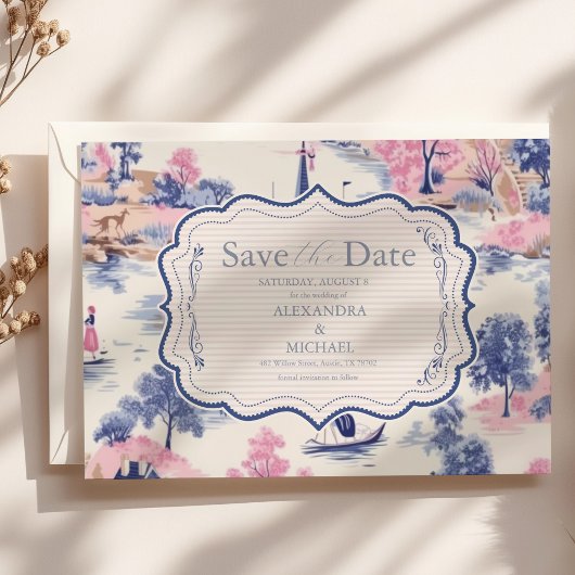 Save The Date Elégant Baroque Bleu Jardin Français Floral Mariag