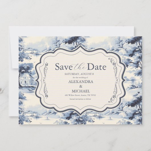 Save The Date Elégant Baroque Bleu Jardin Français Floral Mariag (Devant)