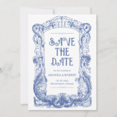 Save The Date Élégant Baroque Floral Mariage Colonne Bleue (Devant)