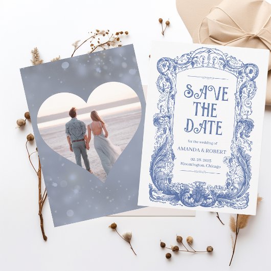 Save The Date Élégant Baroque Floral Mariage Colonne Bleue