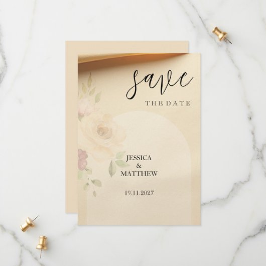 Save The Date Elégant Beau Boho Peach Blush Floral Mariage (Devant/Arrière en situation)
