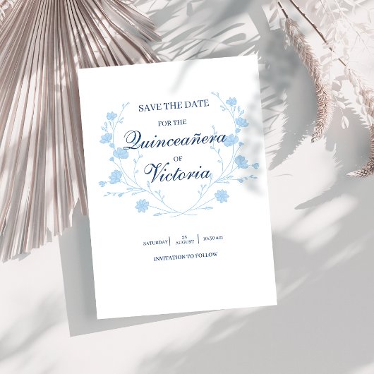 Save The Date Elégant bébé bleu floral Quinceanera