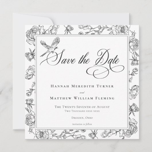 Save The Date Elégant Black Chinoiserie Bird & Crest Mariage (Devant)