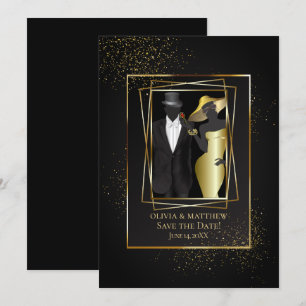 Save the date Elegant Black en Gold Glitter Kaart