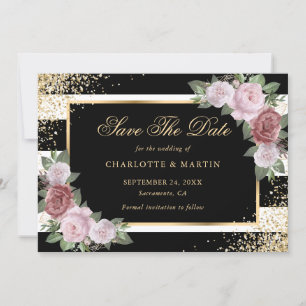 Save The Date Élégant Black Gold Blush Rose Floral Mariage