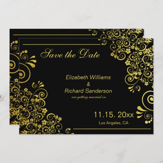 Save The Date Elégant Black Gold Enregistrer le Mariage de date (Devant / Derrière)