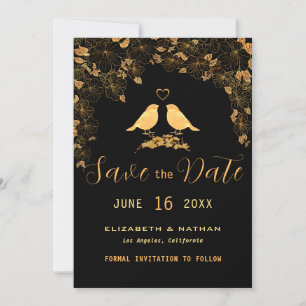 Save The Date Elégant Black & Gold Floral Birds Photo personnali