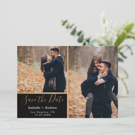 Save The Date Elégant Black Gold Photo Collage Enregistrer la da (Debout devant)