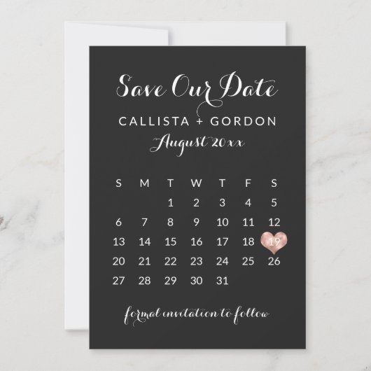 Save The Date Élégant Black Rose Gold Heart Calendrier (Devant)