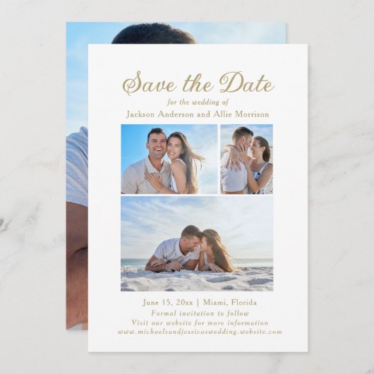 Save The Date Élégant Blanc 4 Photos 2 Faces Mariage (Devant / Derrière)