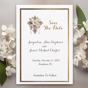Save The Date Elégant blanc avec finition or