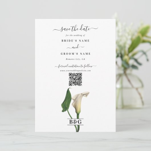 Save The Date Elégant blanc Calla Lily Vert Mariage botanique (Debout devant)