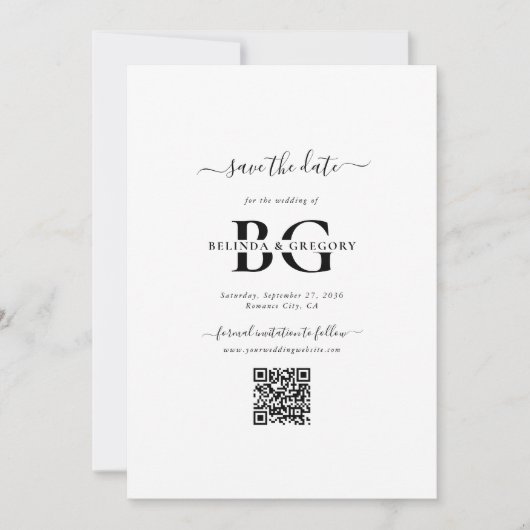 Save The Date Élégant blanc et noir Mariage des initiales de mon (Devant)