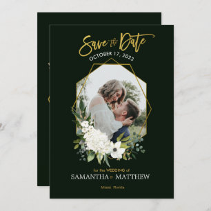 Save The Date Elégant blanc floral or noir photo géométrique