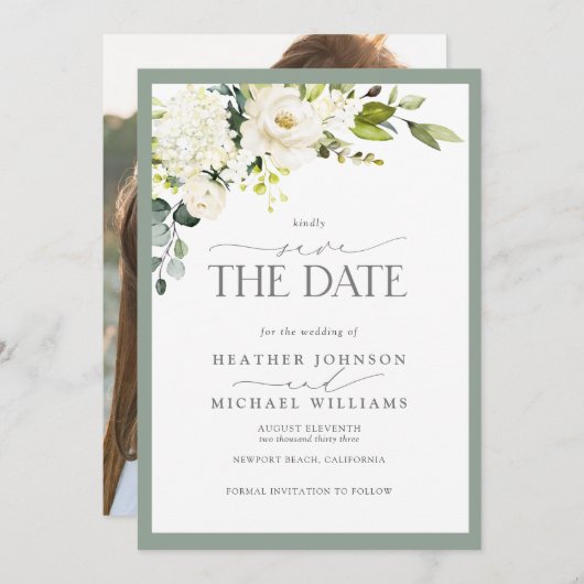 Save The Date Elégant blanc gris vert Aquarelle Mariage photo (Devant / Derrière)